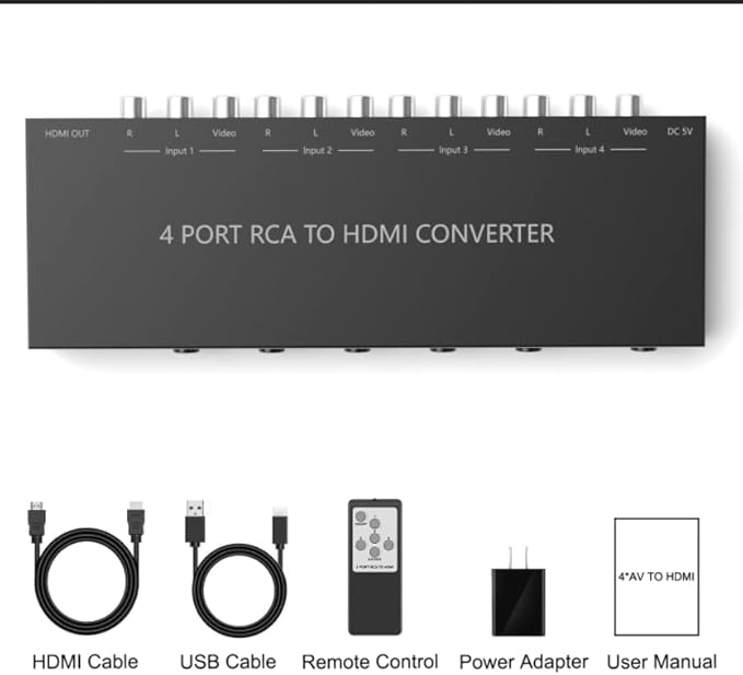 4 Port RCA to HDMI Converter 1080P/720P RCA Composite CVBS AV Switch to HDMI Converter Adapter Support 4:3/16:9 Switch, for Sega Xbox PS1 PS2 PS3 N64 NGC SNES WII VHS VCR Camera DVD(With Remote)