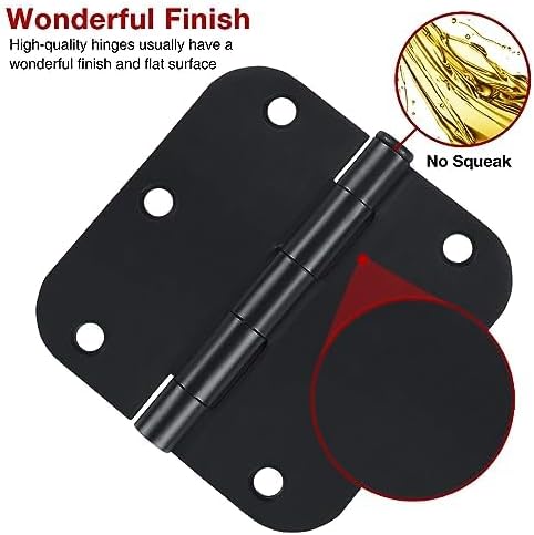 Matte Black Door Hinges 3.5 Inch Rounded 12 Pack Interior 3 1/2" Flat Iron Hinge 5/8" Radius 3 ½"Doors Hardware for Wood Frame and Clear Glass Indoor Bed Room,DIY Assemblely Gate,Closet,Table,Farm