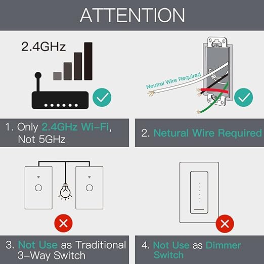 MoesGo WiFi Smart Wall Light Switch,Glass Panel, Multi-Control(3 Way), 2.4GHz Wi-Fi Touch Switches, Neutral Wire Required, Remote Control Smart Life/Tuya App, Work with Alexa, Google Home Black 1 Gang