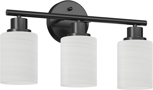 Guliaofo 3-Light Bathroom Light Fixtures, Black Vanity Lights for Mirror with Textured Milky White Glass Shade, E26 Base Modern Kitchen Light Fixtures Wall Sconce Light