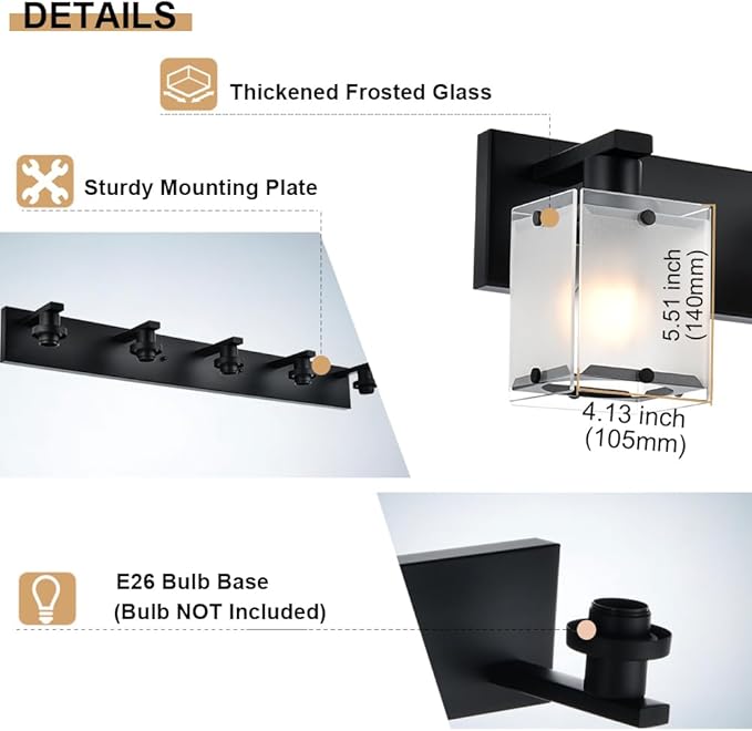 WINSHEN 5-Lights Bathroom Light Fixtures, Matte Black Modern Vanity Lights with Rectangular Frosted Glass for Over Mirror Dressing Table, E26 Bulb Base