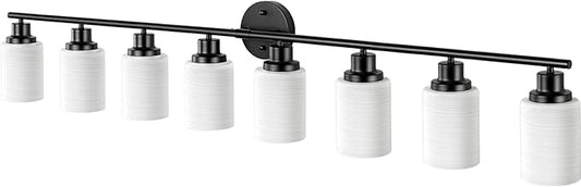 Guliaofo 8-Light Vanity Lights, Black Bathroom Light Fixture with Striped Textured Milky White Glass Shade, Modern Vanity Lighting Fixture for Bathroom Wall Light Over Mirror, E26 Wall Sconce