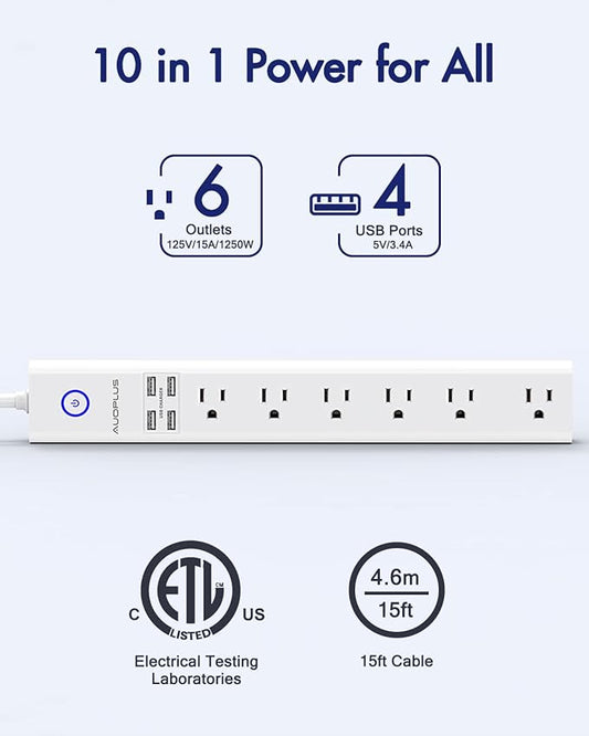 15 Ft Power Strip Surge Protector, 6 Outlets and 4 USB Ports, Flat Plug Power Strips Long Extension Cord with Overload Protection, Wall Mount for Home, Office, Dorm, ETL Listed