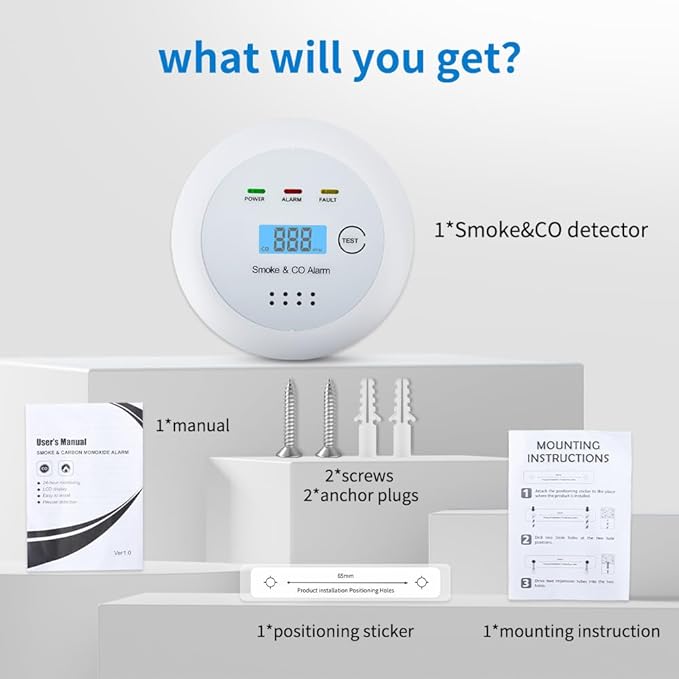 2 in1 Smoke Detector Carbon Monoxide Detector Combo,with LCD Digital Display and Sound Warning Test Button,Battery Powered,Easy Installation, for Home, Bedroom, Kitchen (3PACKS)