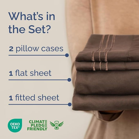 Full XL Bed Sheet Set - 4 Piece Extra Long Extended Full XL Sheets - Ultra-Soft, Breathable & Cooling - Fits 8” to 16" Mattress w/ Deep Pockets - 54" x 80" - Easy-Fit, Wrinkle & Fade Resistant - Brown