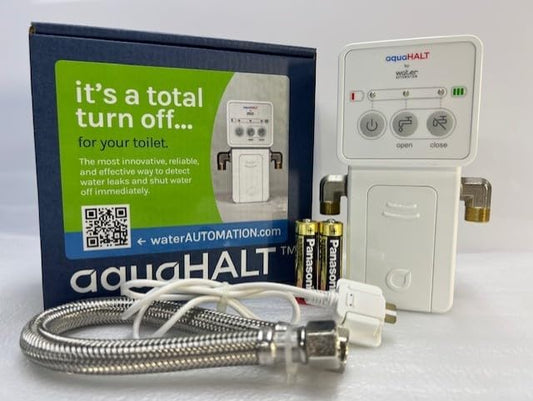 aquaHALT Smart Home Water Toilet Leak Detector Alarm and Automatic Shut Off Valve - Water Sensor Alarm Shut Off Tool - Easy Installation - Battery Operated - Protect Your Home from Water Damage
