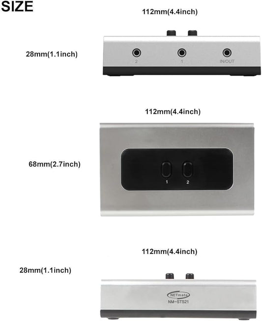 NETMATE 3-Port 3.5mm Stereo Audio Switch, 3.5mm+RCA Audio Switcher 2 Input 1 Output/Audio Splitter Bidirectional Audio Switch with Volume Control Switch Knob for Speaker Headphone