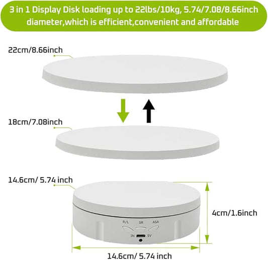 JAYEGT 3 in 1 Motorized Rotating Display Stand with 5.74/7.08/8.66 inch Replacement Cover,Max 22lbs Load , 3D Models, Cake -White
