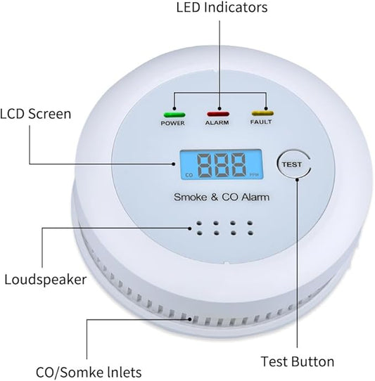 2 in1 Smoke Detector Carbon Monoxide Detector Combo,with LCD Digital Display and Sound Warning Test Button,Battery Powered,Easy Installation, for Home, Bedroom, Kitchen(2PACKS)