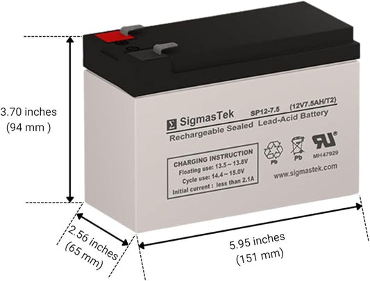 SigmasTek PCM Powercom Black Knight Pro BNT-800AP Compatible UPS Battery, 12V 7.5Ah F2