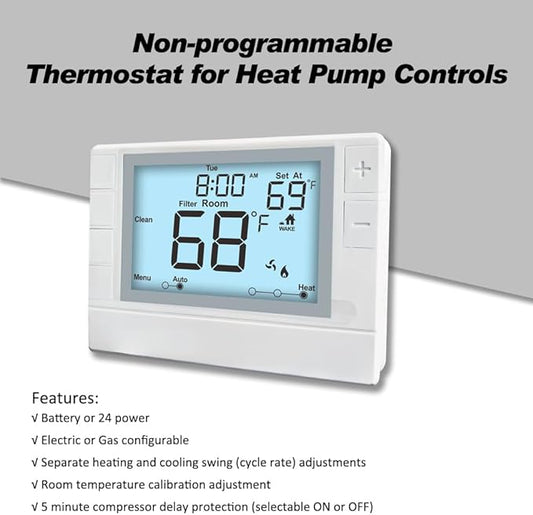 Thermostat for Home, Premium Heat Pump Room Temperature Controller, up to 2H/1C, Easy-to-Read Large Display,White Backlight