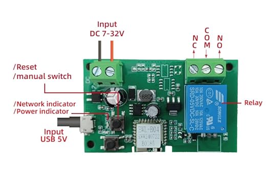 Huacaoe1CH WiFi Smart Switch Relay Module -10A Dry Contact Design for Garage Door/Home Automation, 7-32V DC & USB 5V Wide Voltage, Compatible with Alexa & eWeLink App, Mobile Remote Control