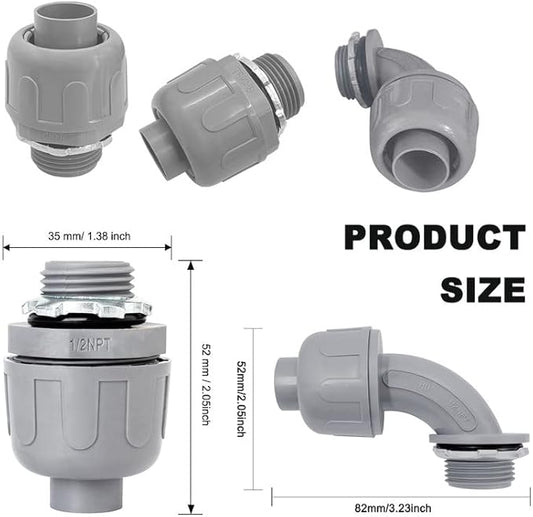 Wocloer 1/2 inch Liquid Tight Connector PVC Flexible Conduit Connector UL Listed Liquid Tight Connector Non-Metallic Electrical Conduit Fittings 12 Pack (8 Pcs 180D/4 Pcs 90D)
