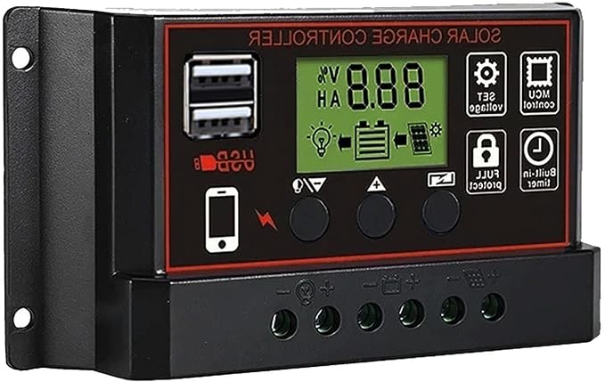 Solar Charge Controller, Solar Panel Charge Controller Intelligent Regulator with Dual USB Port 12V/24V, Auto Paremeter Adjustable LCD Display PWM(Black, 30A)