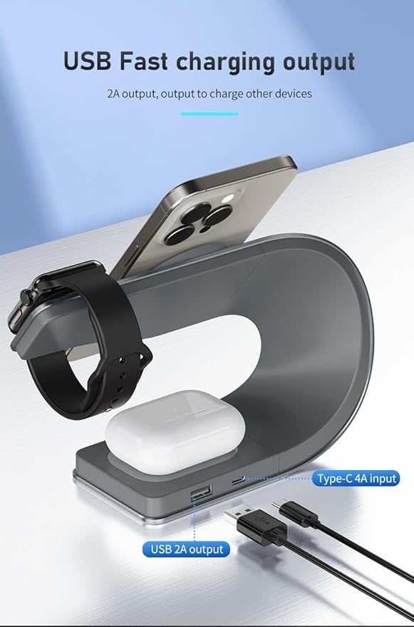 Wireless Charger, 3 in 1 Fast Charging Station for iPhone 15/14/13/12, Apple Watch, AirPods, 15W Magnetic Foldable Charging Dock, Portable Qi Wireless Charger Stand for Home, Office, Travel