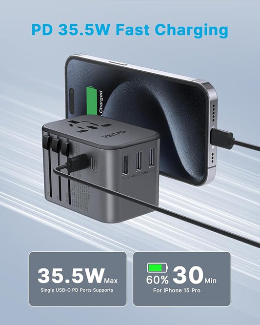 Universal Travel Adapter, VINTAR 35.5W International Power Adapter with 3 USB A QC and 2 USB C PD, All in One Plug Adapter Worldwide Travel Essentials for EU/UK/USA/AUS(Type C/G/A/I), Silver
