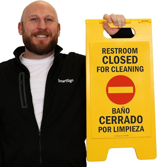 SmartSign 25 x 12 inch “Restroom Closed for Cleaning" Bilingual Two-Sided Folding Floor Sign, Plastic, Red, Black and Yellow