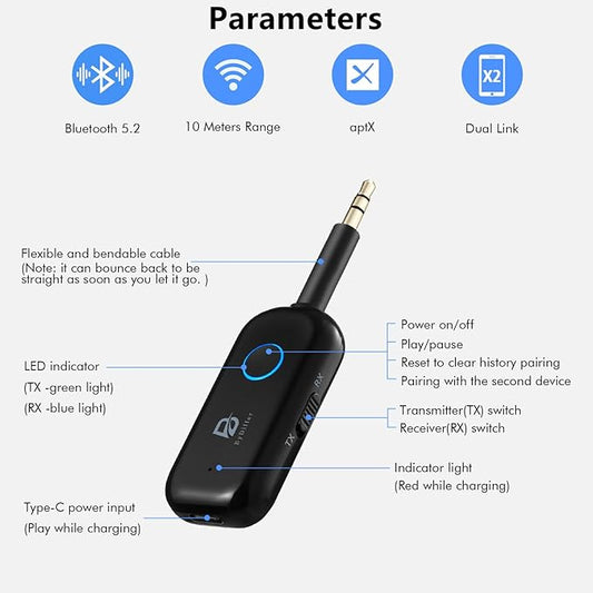 Bluetooth 5.2 Audio Transmitter Receiver for TV, Bluetooth Transmitter for Headphones, 2 BT Devices Connections, 3.5mm Jack Aux Airplane Headphone Adapter for Car/Home Stereo, Black