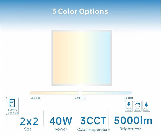 2X2 LED Flat Panel Light Emergency Battery Backup, 40W-3000K/4000K/5000K, 0-10V Dimmable, 4390 Lumens, LED Drop Ceiling Light, 100-277V, DLC and UL Listed, Ultra Thin Back-Lit (54 Pack)