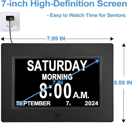 JALL 【2024 New】 Digital Calendar Dementia Day Clock, 7 Inch Large Screen Display, with Multiple Alarms, AM & PM Display, for Impaired Vision People, Age Seniors, for Desk, Wall Mounted
