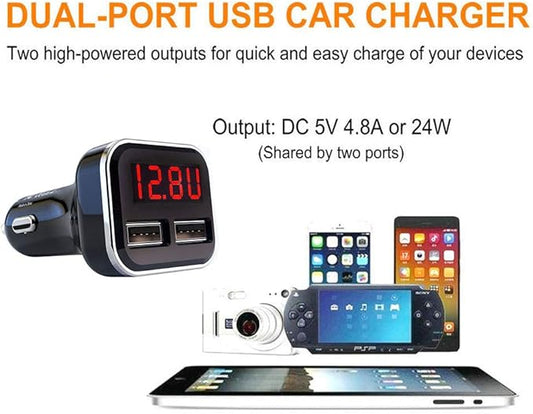 Jebsens 4.8A 24W Dual USB Car Charger Volt Meter Car Battery Monitor with LED Voltage & Amps Display in Red LED, Cigarette Lighter Voltage Meter, Compatible with iPhone 15 Pro Max Samsung Galaxy S24