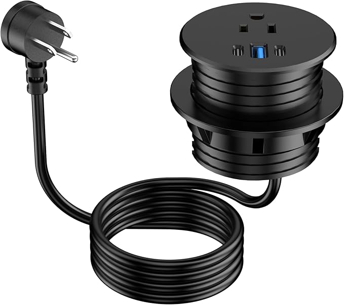 2.5 inch Power Grommet,20W USB-C Charging,1 Outlet with 2 USB C,1 USB Port,Furniture Flush Mount for Desktop,Recessed Power Strip,Workspace Essential Desk Outlet (Black, 6 FT)