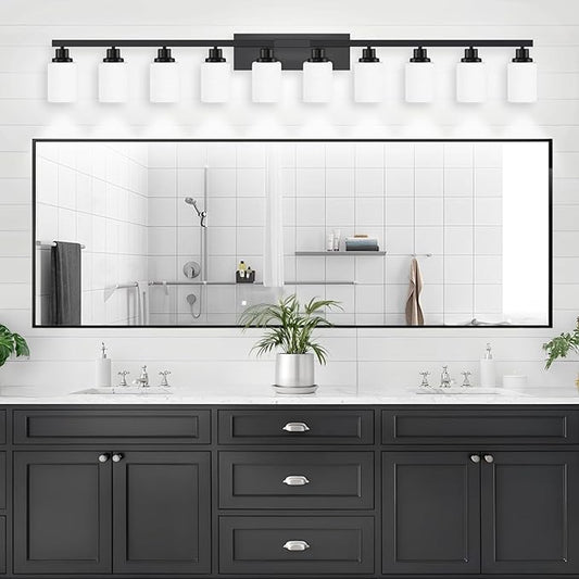 DIKAIDA 10 Light Bathroom Vanity Lights Over Mirror, 65.4 inch Black Vanity Lights Fixtures with White Glass Shades Matte Black Modern Vanity Lights Black Bathroom Wall Lighting for Mirror Bedroom