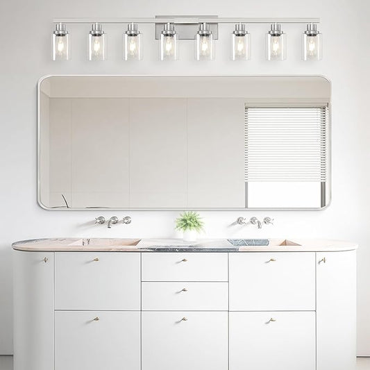DIKAIDA 52inch Brushed Nickel Vanity Light Fixtures, 8 Light Brushed Nickel Bathroom Vanity Lights Over Mirror, Matte Nickel Modern Bathroom Wall Lighting for Mirror Bedroom,Living Room