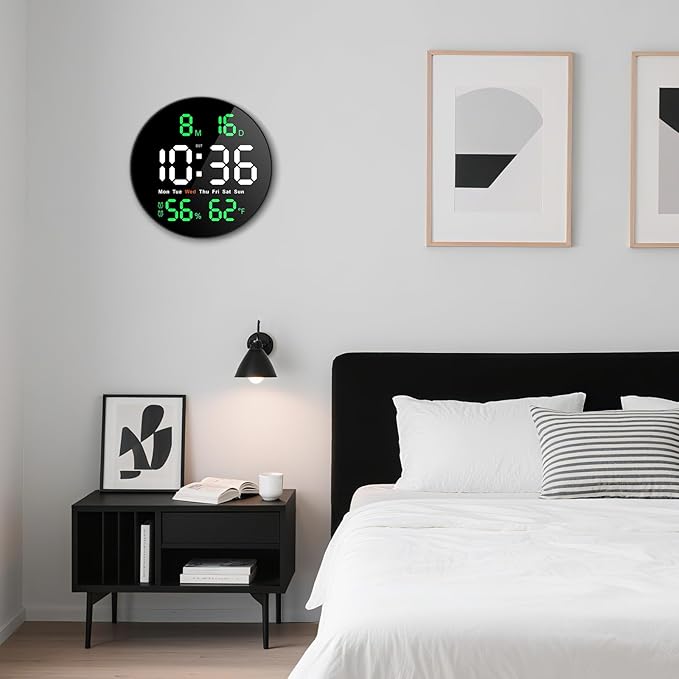 Brauthon Large Digital Clock for Classroom, Digital Classroom Clocks for Teachers, 10" Round LED Clock with Large Display,Date, Countdown Timer, Remote Control, Temperature, Electric (Green)