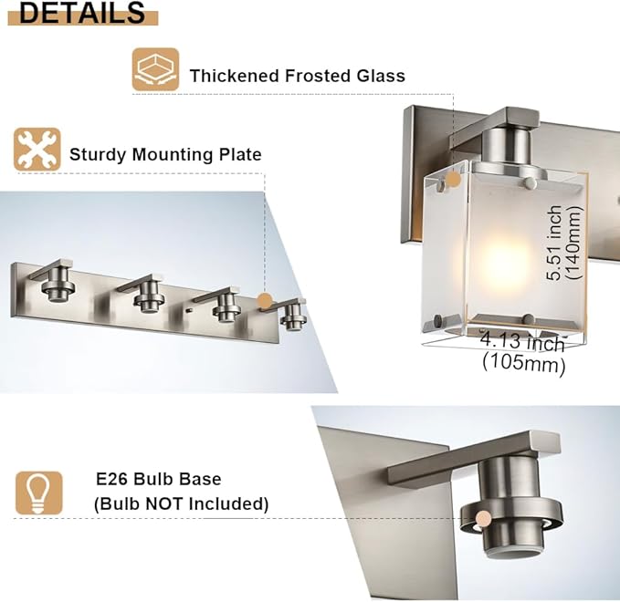 WINSHEN 4-Lights Bathroom Light Fixtures Over Mirror, Brushed Nickel Vanity Wall Mounted Lighting with Frosted Glass for Kitchen Living Room, E26 Bulb Base