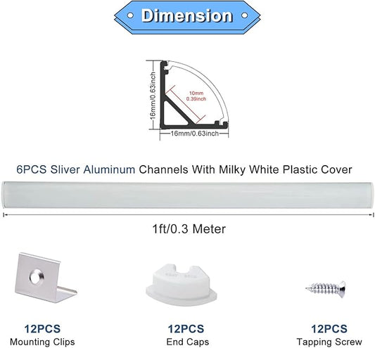 VST 6Pack 1 ft LED Aluminum Channel with Milky White Cover V Shape 16x16mm, Led Strip Light Track with End Caps and Mounting Clips Accessories for Living Room, Kitchen