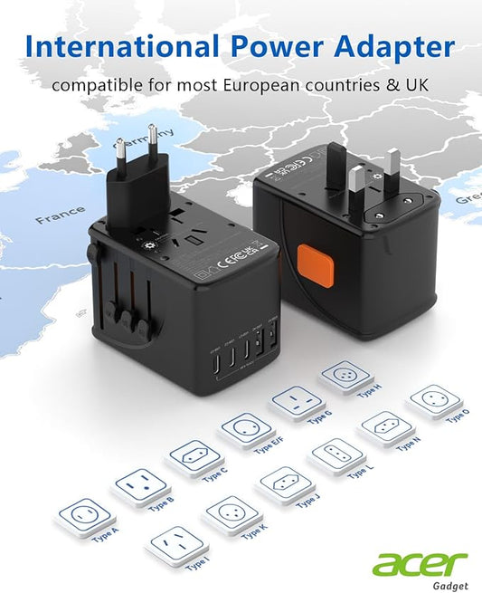 Acer Universal Travel Plug Adapter - International Power Adapter with 5 USB Ports (3 USB C) 5.8A, Worldwide Outlet Charger for USA to European UK France Germany Spain, Type C/E/F/G/I/L/A, Black
