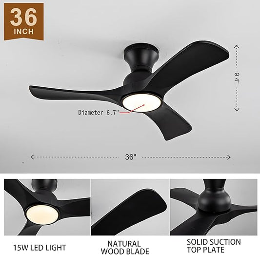 Gaizw 36 Inch Black Ceiling Fans with Lights, Flush Mount Ceiling Fan with Light, Modern Smart Wood Fan Light, 6-Speed Remote Control, Quiet Reversible Motor, Fans for Bedroom Study Room and Garage