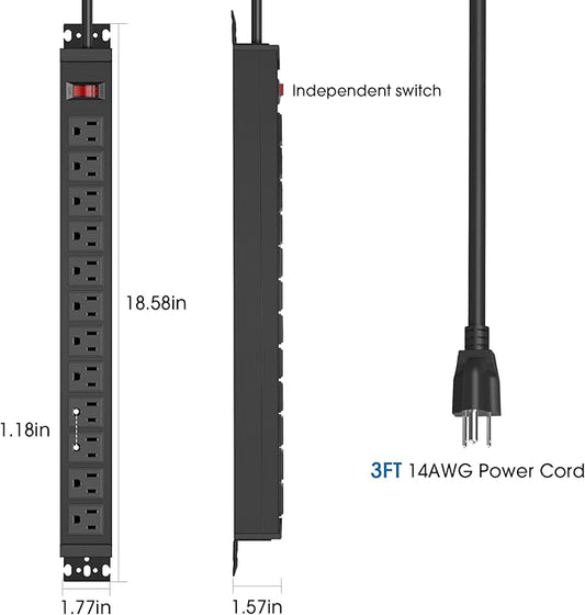HHSOET 2 Pack Rotating Mountable Power Strip, 12 Outlet Wall Mount Surge Protector, Metal Heavy Duty and Versatile Outlet Strip, Stylish Appearance, Sturdy and Durable, 3ft Power Cord.(Black)