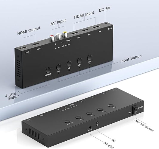 4 in 2 Out RCA/HDMI Switcher,3 Way HDMI 2.0 + 1 RCA Converter,4:3/16:9 & 2 Ports HDMI Output Support 4K and 3D for PS1/2/3/4/5, N64, SNES, Switch, DVD, Roku, etc.