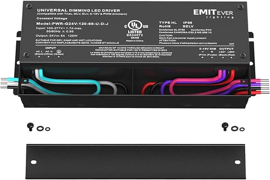 EMITEVER Dimmable Led Driver, 2 Packs 120W AC 110V-277V to DC 24V Transformer, 5-in-1 Dimming: ELV/MLV/TRIAC / 0-10V / 1-10V / 10V PWM/Potentiometer, Waterproof IP67 and UL Listed
