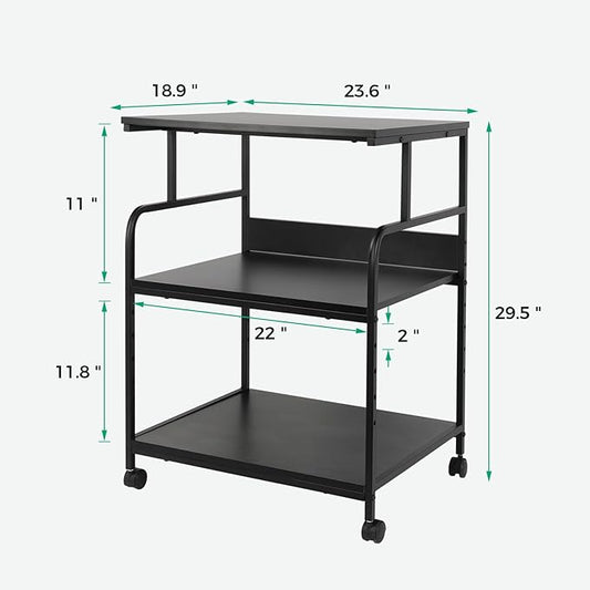 GCCSJ Large Printer Stand,3 Tier Printer Cart with Adjustable Storage Shelf,23.6 x18.9 x 29.5 inches Printer Stand for Home Office, Stands for Heat Press Scanner Fax, Industrial Style, Black
