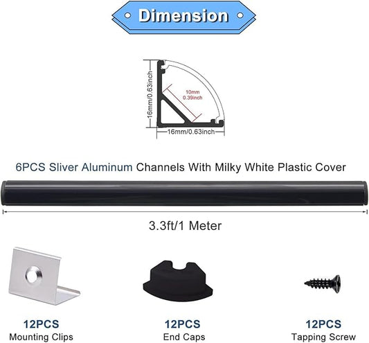 VST 6pack 3.3 ft LED Channel, V Shape Led Diffuser Channel, LED Aluminum Channel System with Black Cover, End Caps and Mounting Clips, Aluminum Profile for LED Strip Light Home Decoration