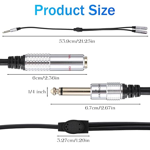 6.35mm TS Guitar Signal Audio Y Splitter Cable, 1/4 Inch Mono Male to Dual Mono Female Jack Adapter with Gold Plated Connectors, Audio Y-Adapter for Microphone Speaker HiFi System Guitar(50cm/1.6ft)