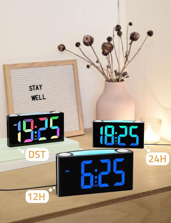 Mesqool Wake Up on Time: Vibrating Alarm Clock with Bed Shaker, Loud Sound & Color Display â USB Charging, 8-Color Light, Battery Backup â Great for Heavy Sleepers, Seniors & Hearing Impaired
