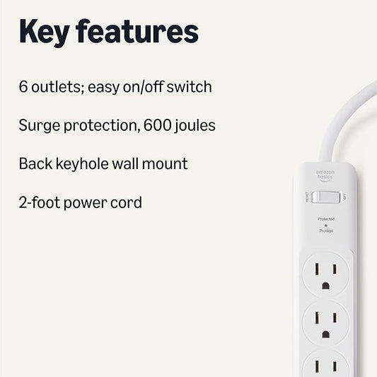 Amazon Basics Rectangle 6-Outlet, 600 Joule Surge Protector Power Strip, 2ft, Small, White, 2-Pack