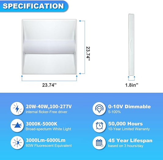 Cortelco 2x2 LED Troffer Light–20W/25W/30W/35W/40W,Up to 6000 Lumens,4 CCT Selectable 3000K/3500K/4000K/5000K,0-10V Dimmable Drop Ceiling Panel – 100-277V,ETL & DLC Listed,Commercial Grade,4-Pack