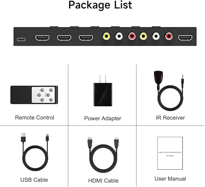 5 in to 1 Out RCA/HDMI Switcher,3 Way HDMI 2.0 + 2 RCA to HDMI Converter, Support 4:3/16:9 4K and 3D for PS1/2/3/4/5, N64, SNES, Switch, DVD, Roku, etc.