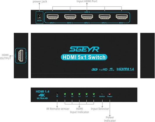 HDMI Switch SGEYR 5x1 HDMI Switcher 5 in 1 Out HDMI Selector 5 Port Box with IR Remote Control HDMI 1.4 HDCP 1.4 Support 4K@30Hz Ultra HD 3D 2160P 1080P