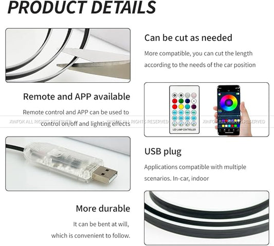 Ambient Lighting Car Led Lights Interior with APP, USB Powered Acrylic Neon Flexible Strip Fiber Optic LED Ambient Lighting kit,4 in 1 RGB Sound Active Music Lights Sync Car Decorations