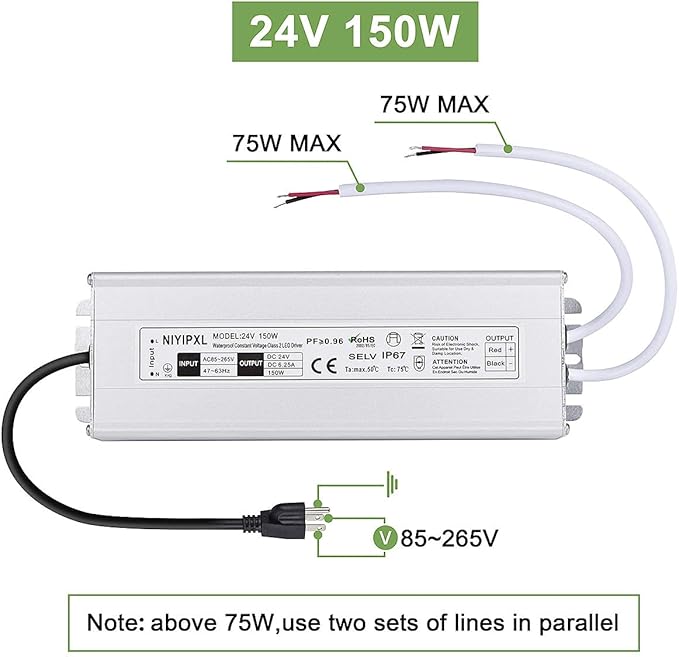 LED Driver 150 Watts 24V DC Low Voltage Transformer, Waterproof IP67 LED Power Supply, Adapter with 3-Prong Plug 3.3 Feet Cable for Any 24V DC led Lights, Computer Project, Outdoor Light
