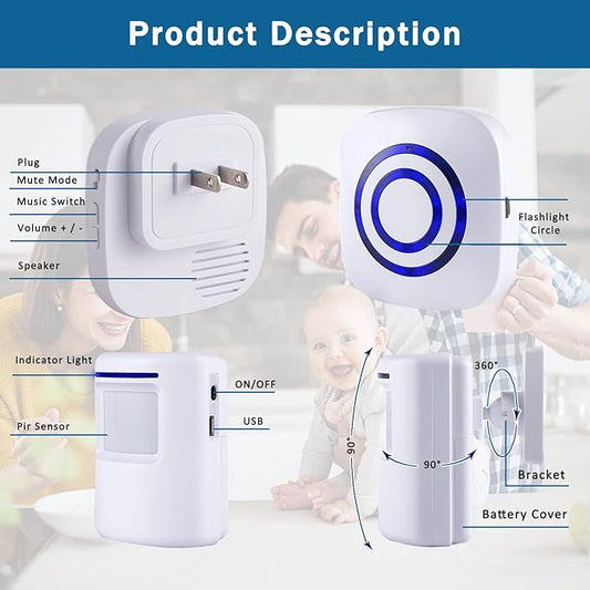 Motion Sensor Alarm - Seanme Wireless Driveway Alarm 100m Long Distance Signal Transmission, Home Security Alarm System Motion Sensor Doorbell with 38 Chime Tunes, 4 Volume Levels