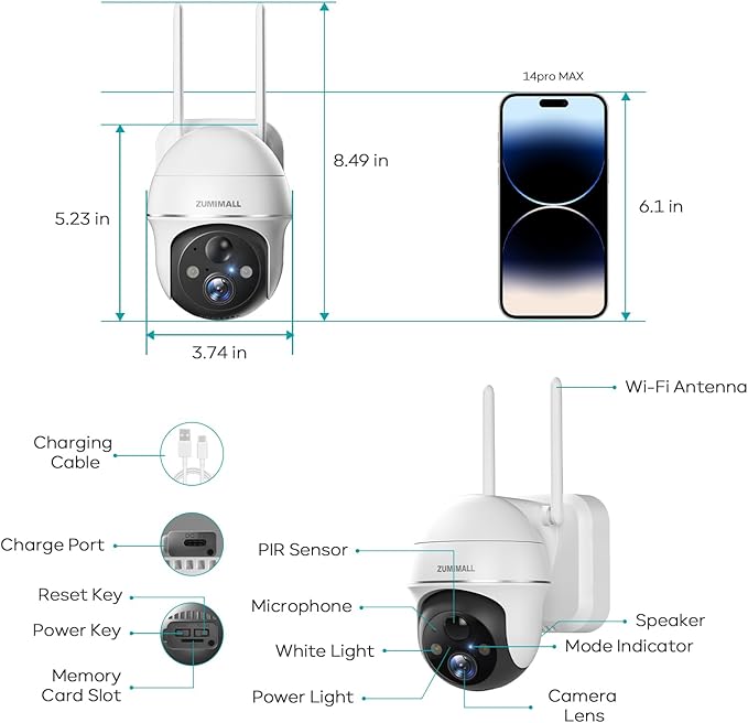 ZUMIMALL Solar Security Cameras Wireless Outdoor, 360° View Outdoor Camera Wireless Solar Powered,2.4G WiFi,2K/3MP Color Night Vision,2-Way Talk, PIR Motion Alert, Cloud Storage, Work with Alexa