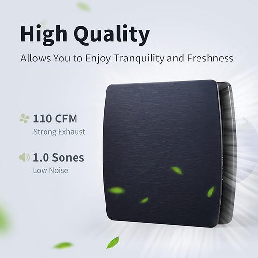 Zeyzer Black Bathroom Fan 110 CFM 1.0 Sone 5.9" Duct Square Ceiling or Wall Mount Ventilation Exhaust Fan for Bathroom/Corridor/Office/Laundry Room/SHop