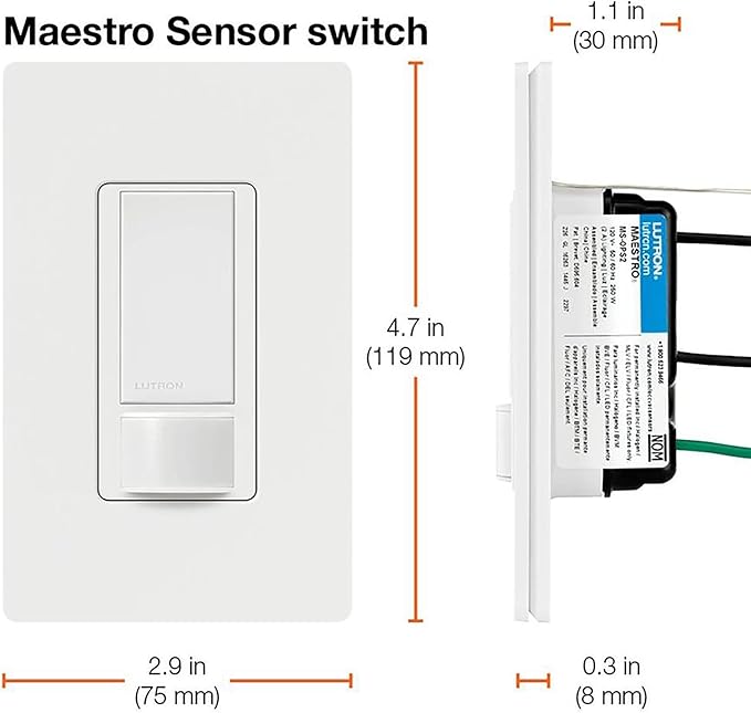 Lutron Maestro Motion Sensor Light Switch Indoor for Bathroom, Garage, Laundry Room, Any Bulbs, Occupancy Vacancy Sensor, Single-Pole, MS-OPS2-BL, Black